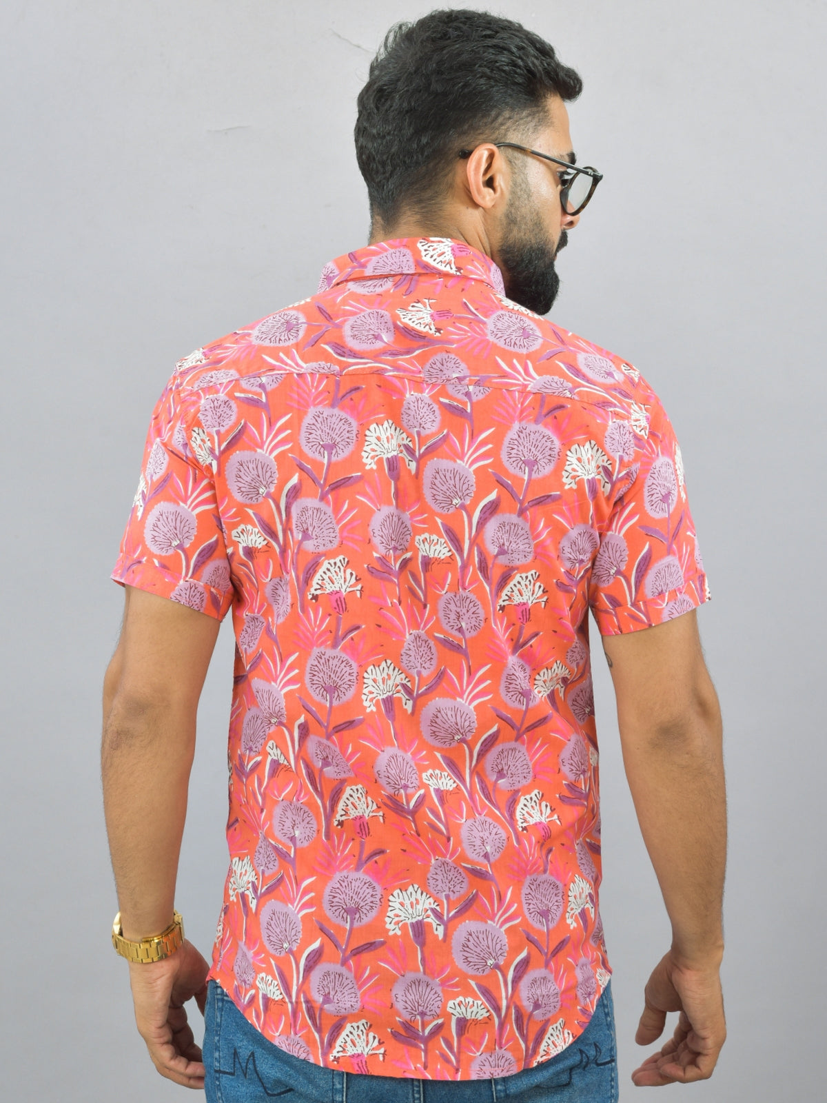 Mens Regualr Fit Half Sleeves Peach Floral Printed Cotton Shirt