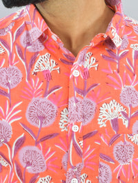 Mens Regualr Fit Half Sleeves Peach Floral Printed Cotton Shirt