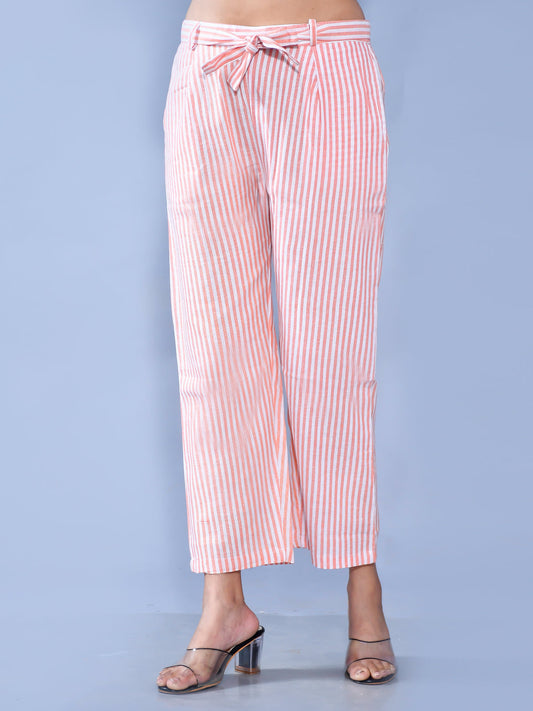 women Peach Regular Fit Stripe Cotton Trouser