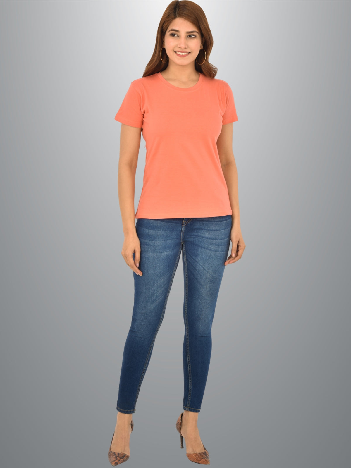 Womens Peach Half Sleeves Cotton Plain T-shirt
