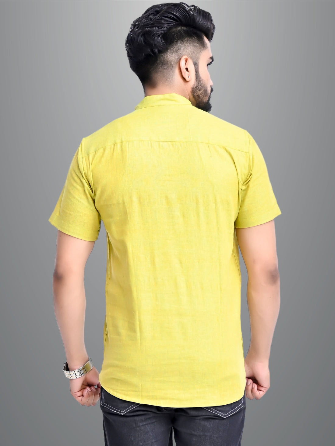 Mens Solid Parrot Green Cotton Blend Short Kurta