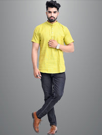 Mens Solid Parrot Green Cotton Blend Short Kurta