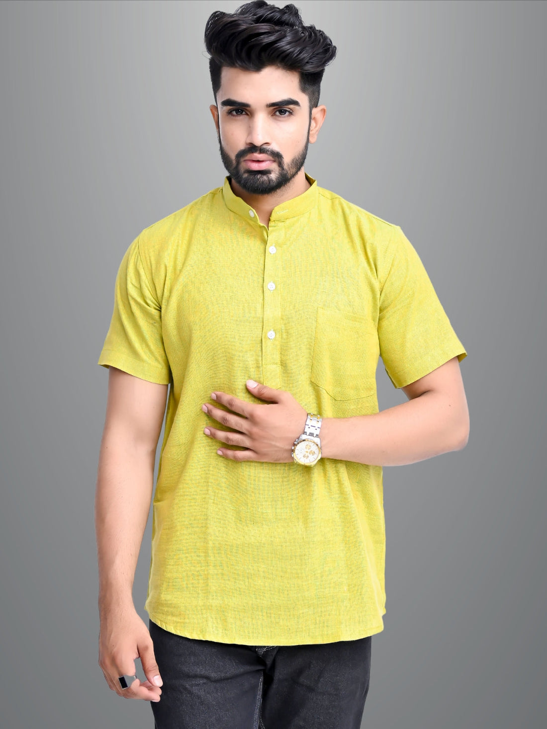 Mens Regular Fit Parrot Green and Dark Purple Half Sleeve Cotton Short Kurta Combo
