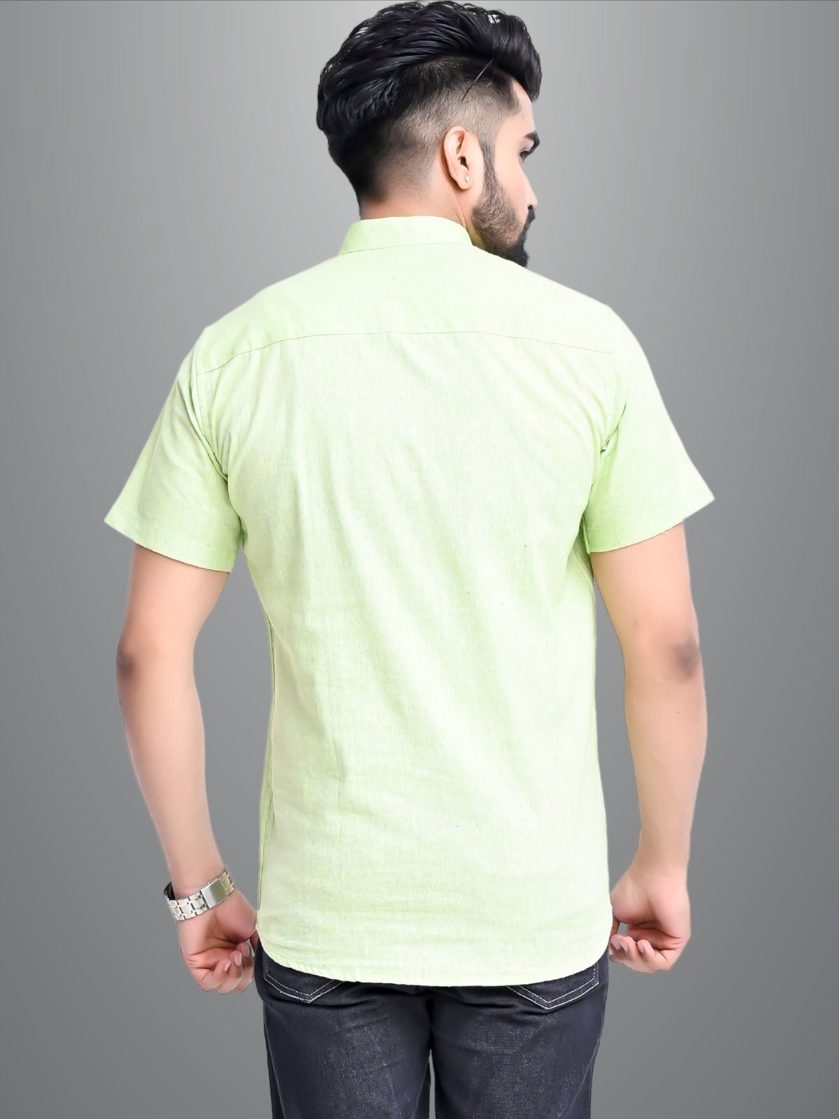 Mens Solid Light Green Khadi Cotton Short Kurta