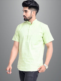 Mens Solid Light Green Khadi Cotton Short Kurta