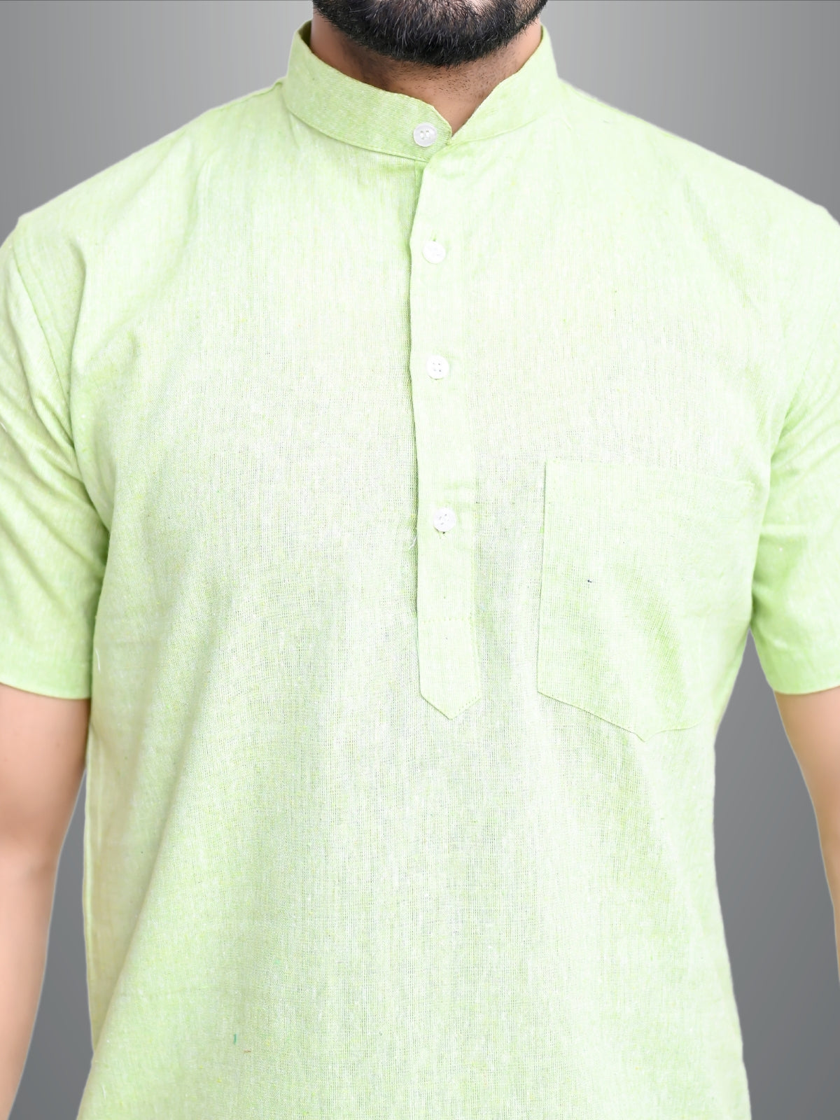 Mens Solid Light Green Khadi Cotton Short Kurta