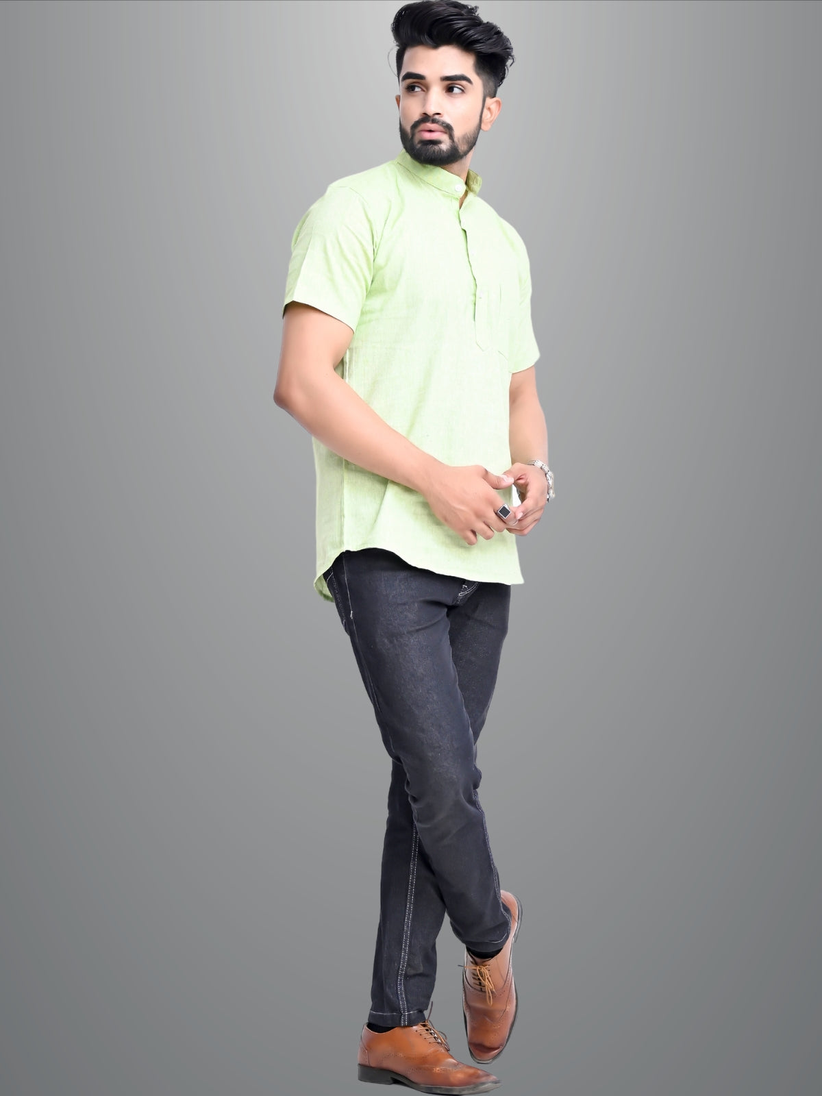 Mens Solid Light Green Khadi Cotton Short Kurta