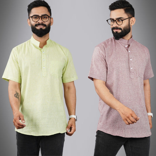 Pack Of 2 Mens Regular Fit Parrot Green And Magenta Half Sleeve Cotton Short Kurta Combo