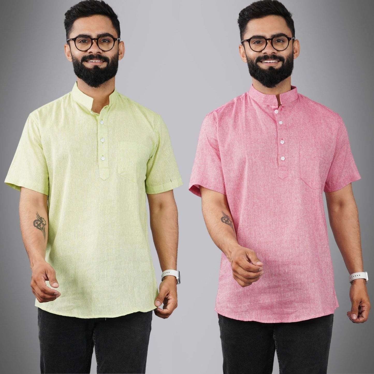 Pack Of 2 Mens Regular Fit Parrot Green And Pink Half Sleeve Cotton Short Kurta Combo