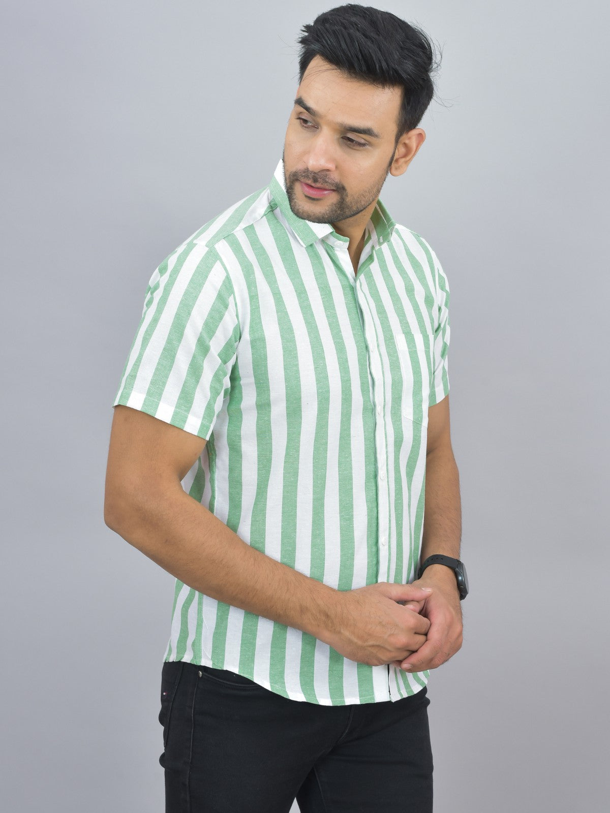Mens Regular Fit Parrot Green Striped Half Sleeves Cotton Casual Shirt