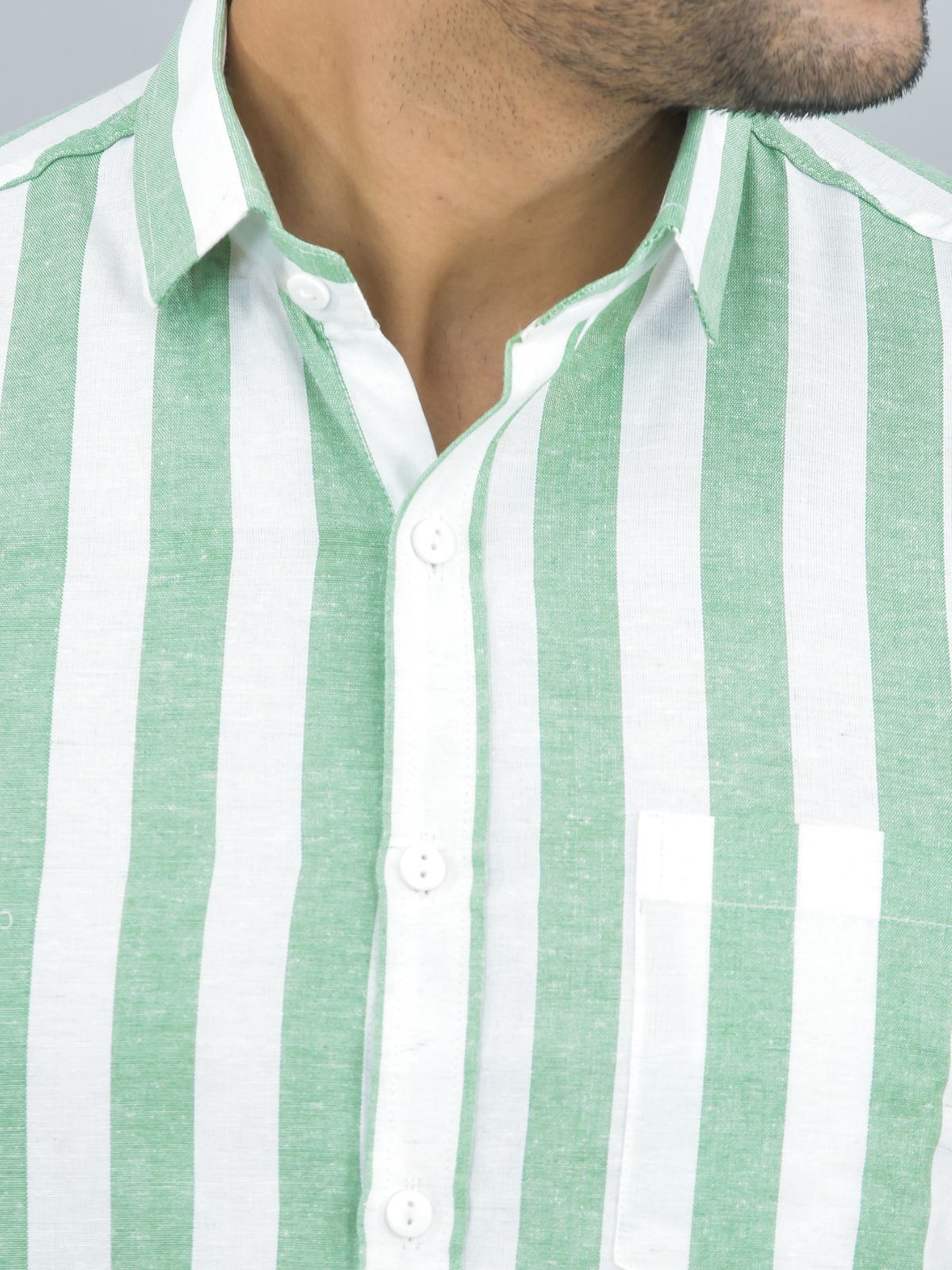 Mens Regular Fit Parrot Green Striped Half Sleeves Cotton Casual Shirt