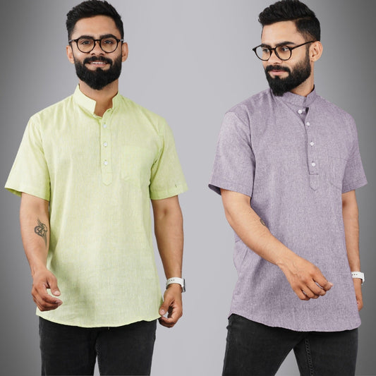 Pack Of 2 Mens Regular Fit Parrot Green And Purple Half Sleeve Cotton Short Kurta Combo