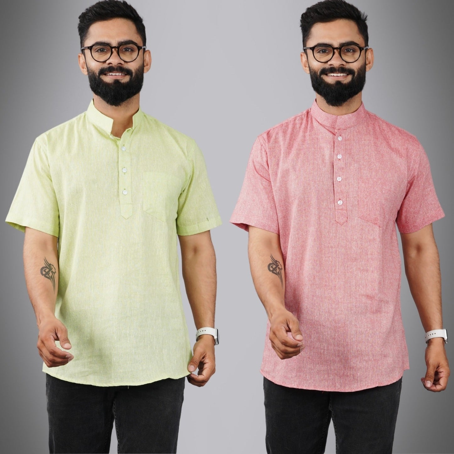 Pack Of 2 Mens Regular Fit Parrot Green And Red Half Sleeve Cotton Short Kurta Combo