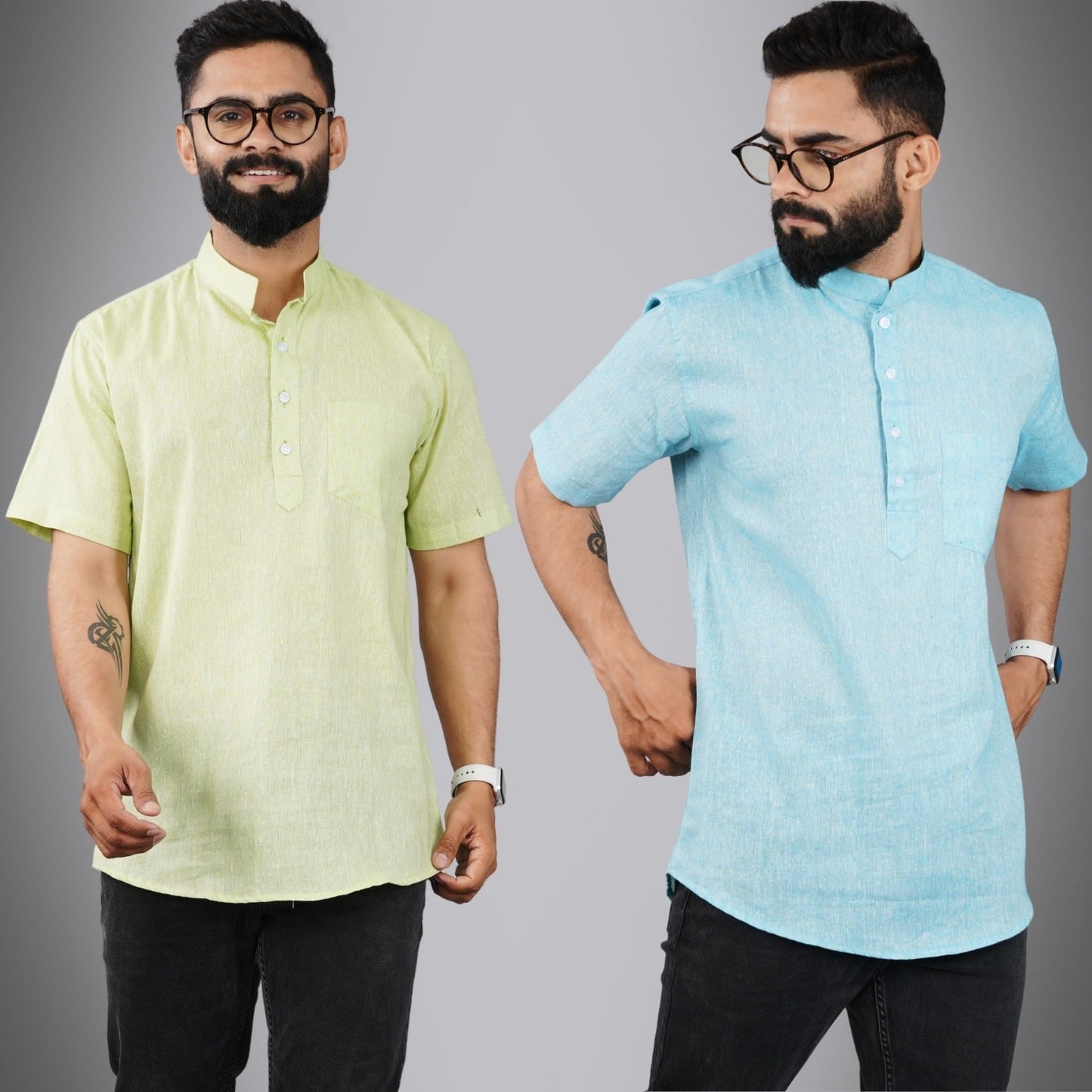 Pack Of 2 Mens Regular Fit Parrot Green And Sky Blue Half Sleeve Cotton Short Kurta Combo