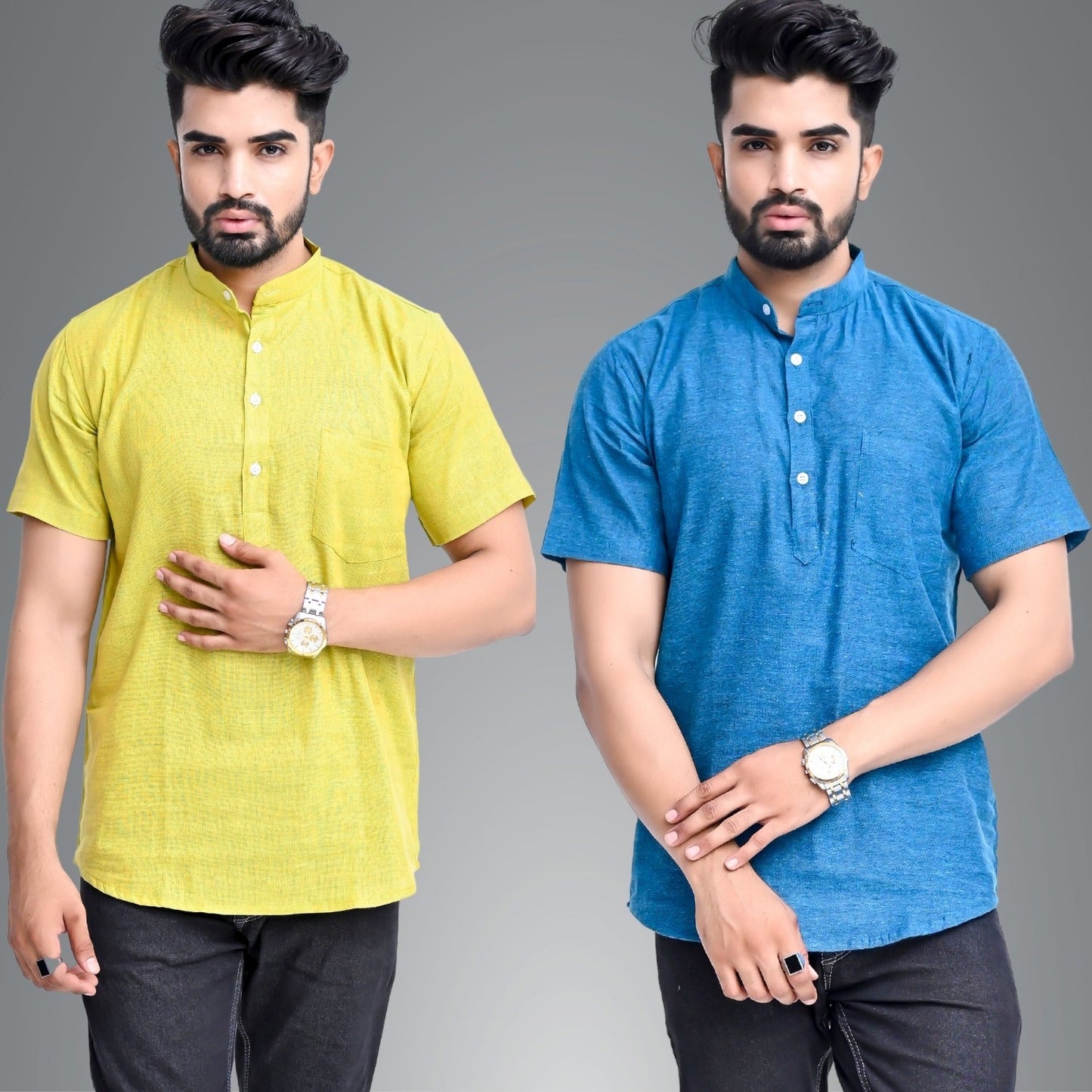 Mens Regular Fit Parrot Green and Teal Blue Half Sleeve Cotton Short Kurta Combo