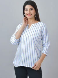 Womens Regular Fit Blue Single Stripe Cotton Top