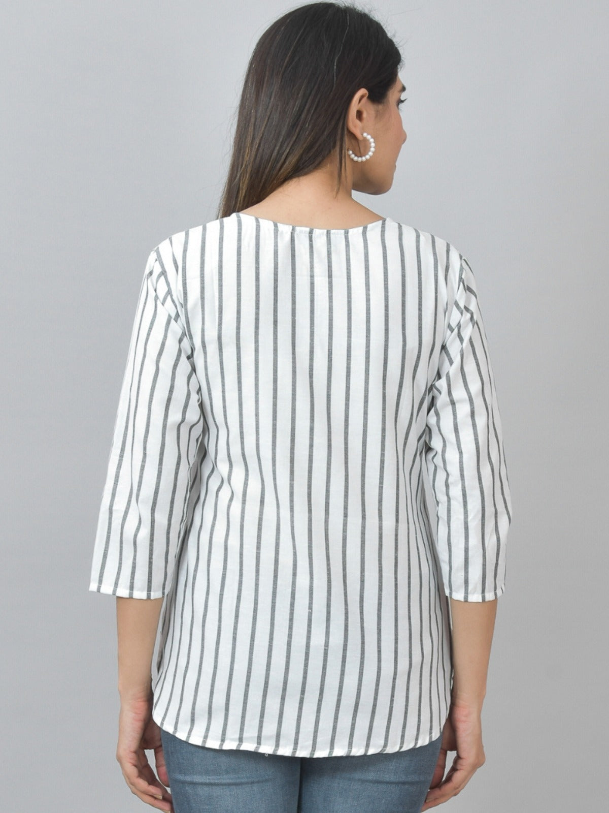 Womens Regular Fit Grey Single Stripe Cotton Top