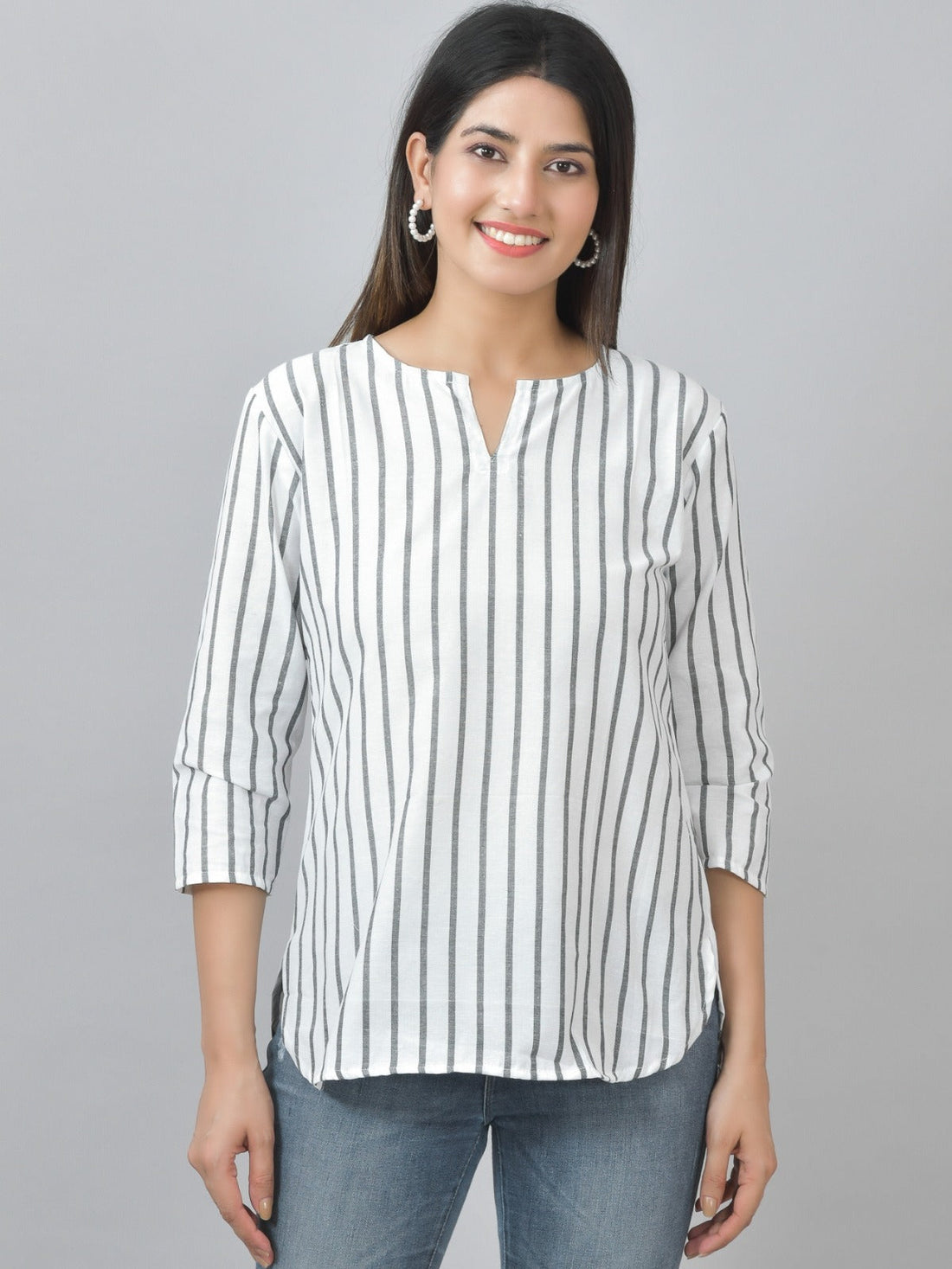 Pack Of 2 Grey And Dark Purple Striped Cotton Womens Top Combo