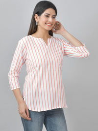 Womens Regular Fit Orange Single Stripe Cotton Top