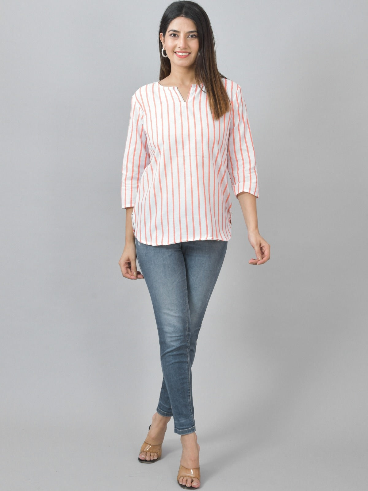 Pack Of 2 Orange And Pink Striped Cotton Womens Top Combo