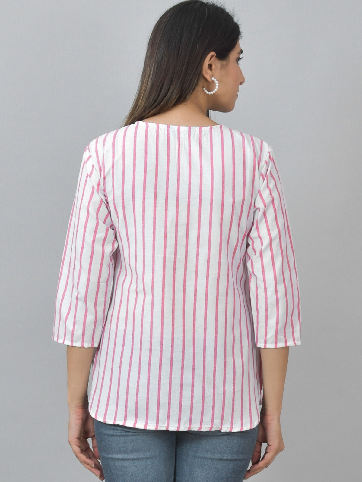 Pack Of 2 Grey And Pink Striped Cotton Womens Top Combo