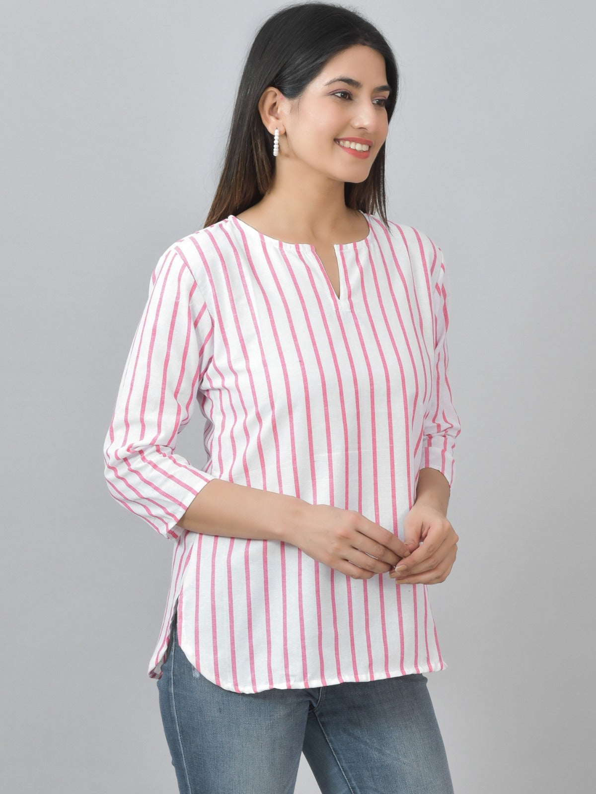 Womens Regular Fit Pink Single Stripe Cotton Top