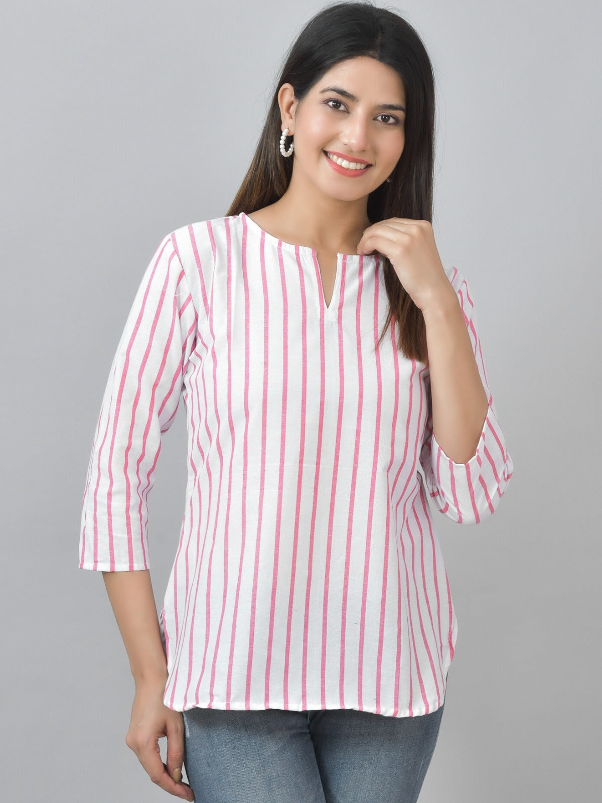 Pack Of 2 Grey And Pink Striped Cotton Womens Top Combo