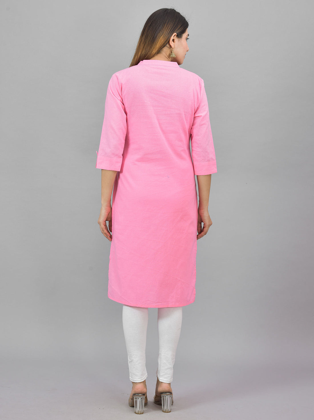 Womens Solid Pink Three Fourth Sleeve Cotton Straight Kurti