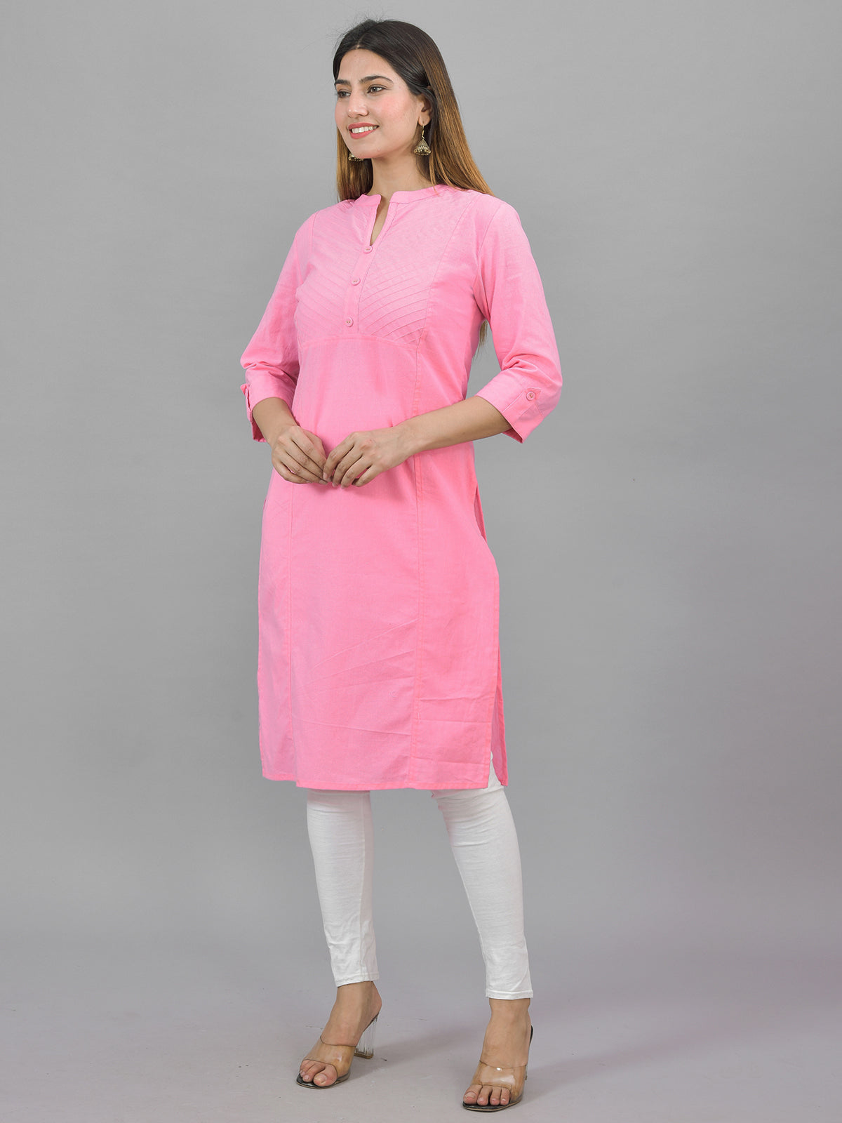 Womens Solid Pink Three Fourth Sleeve Cotton Straight Kurti