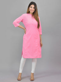 Womens Solid Pink Three Fourth Sleeve Cotton Straight Kurti