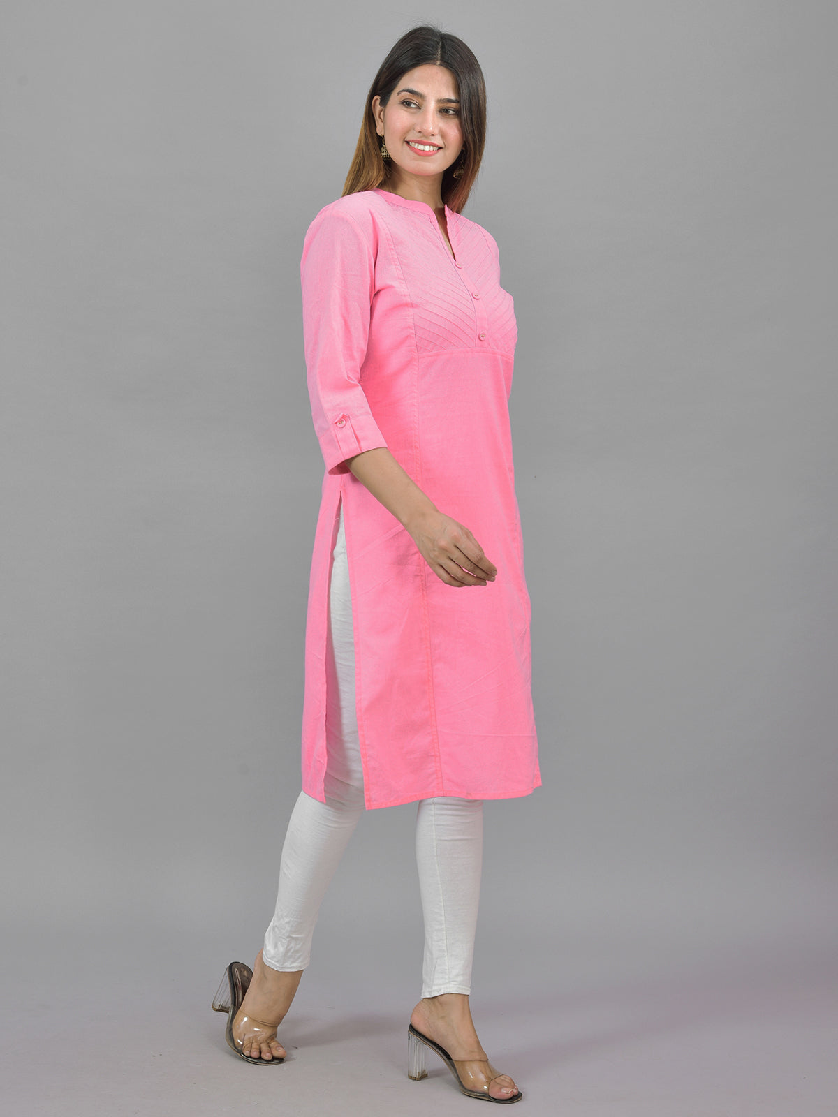 Womens Solid Pink Three Fourth Sleeve Cotton Straight Kurti