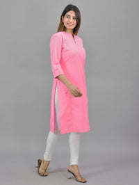 Womens Solid Pink Three Fourth Sleeve Cotton Straight Kurti