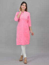 Womens Solid Pink Three Fourth Sleeve Cotton Straight Kurti