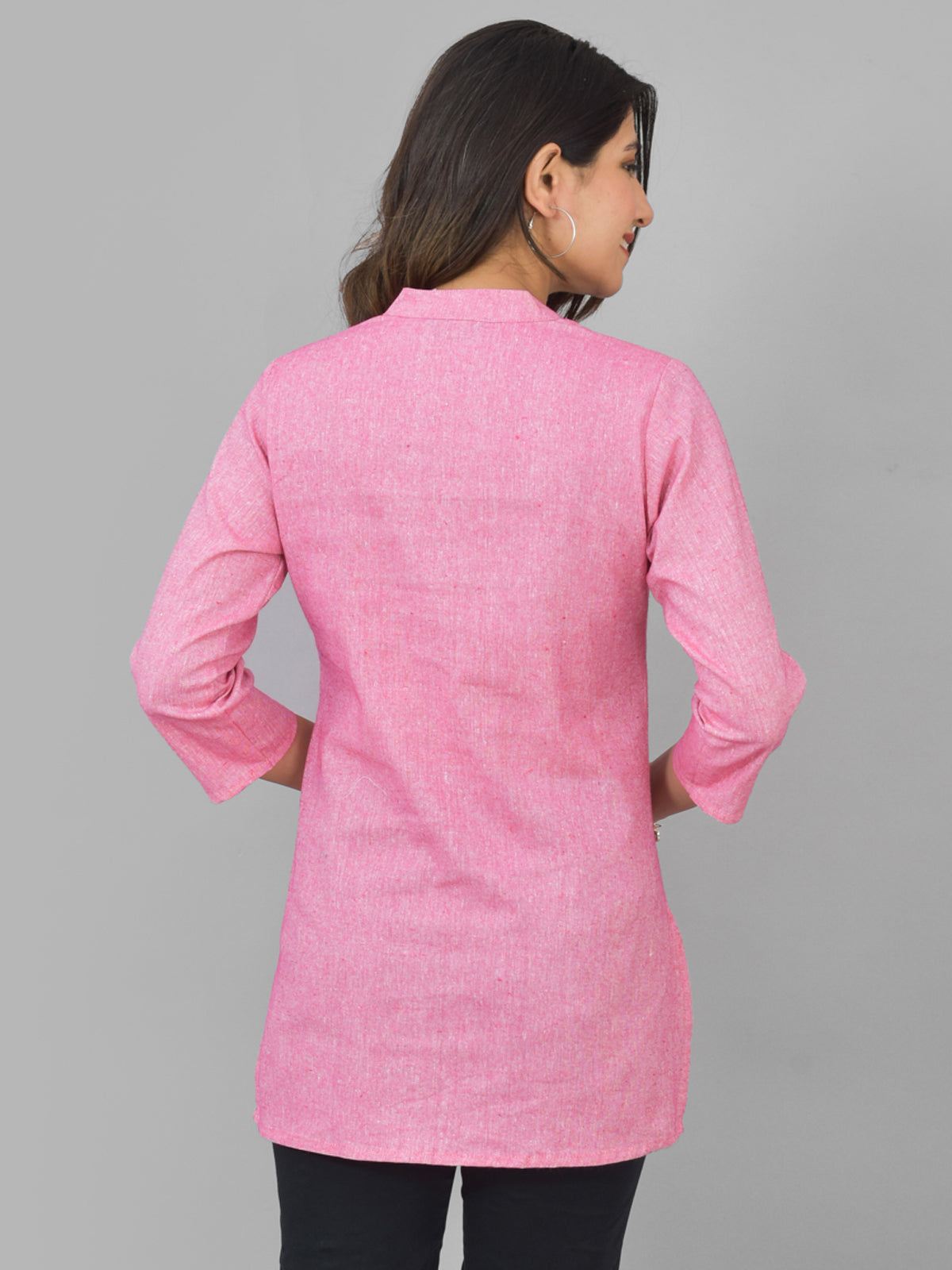 Womens Pink Woven Design Handloom Cotton Frontslit Short Kurti