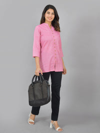 Womens Pink Woven Design Handloom Cotton Frontslit Short Kurti