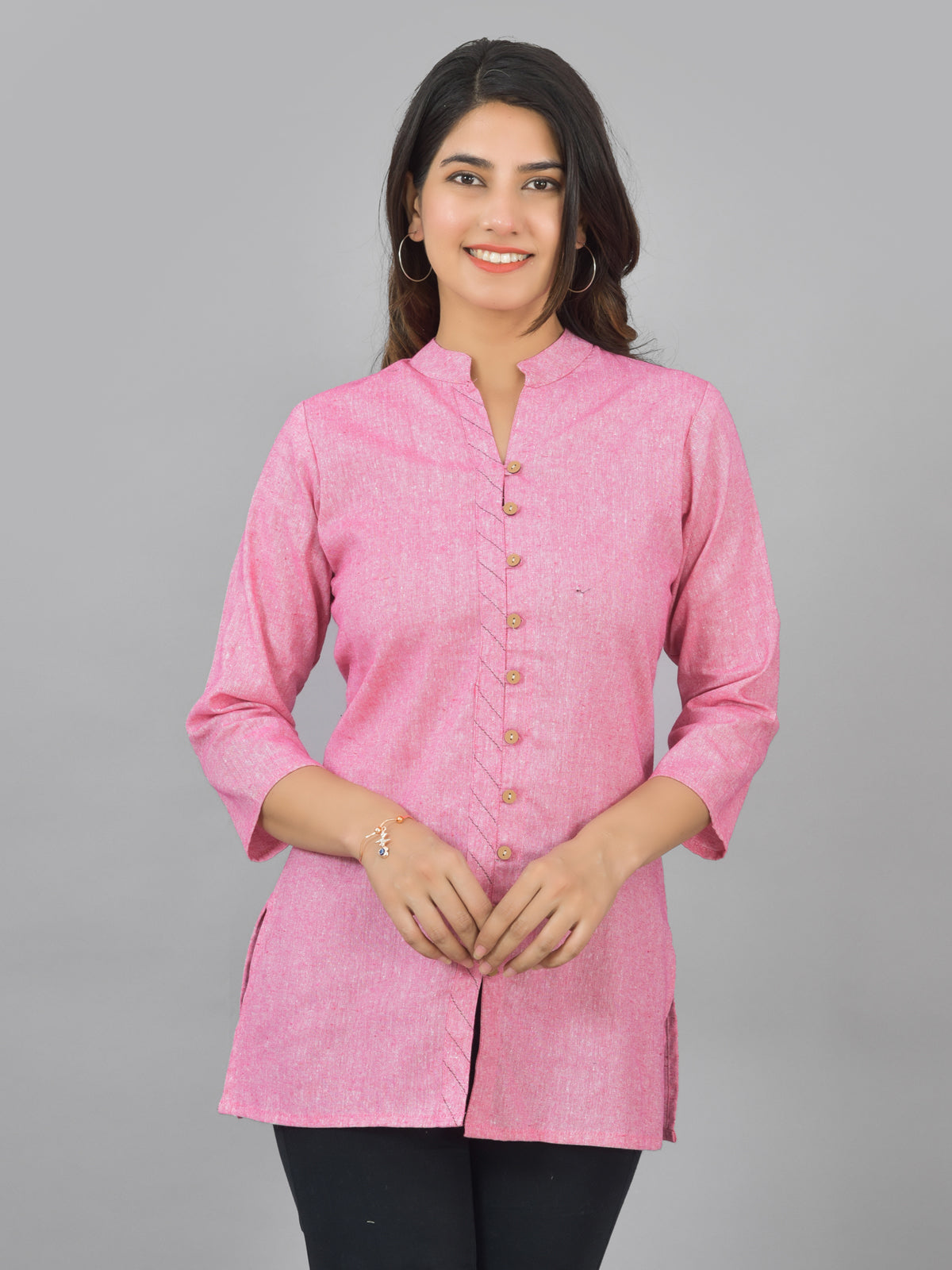 Pack Of 2 Womens Pink And Sky Blue Woven Design Handloom Cotton Frontslit Short Kurtis