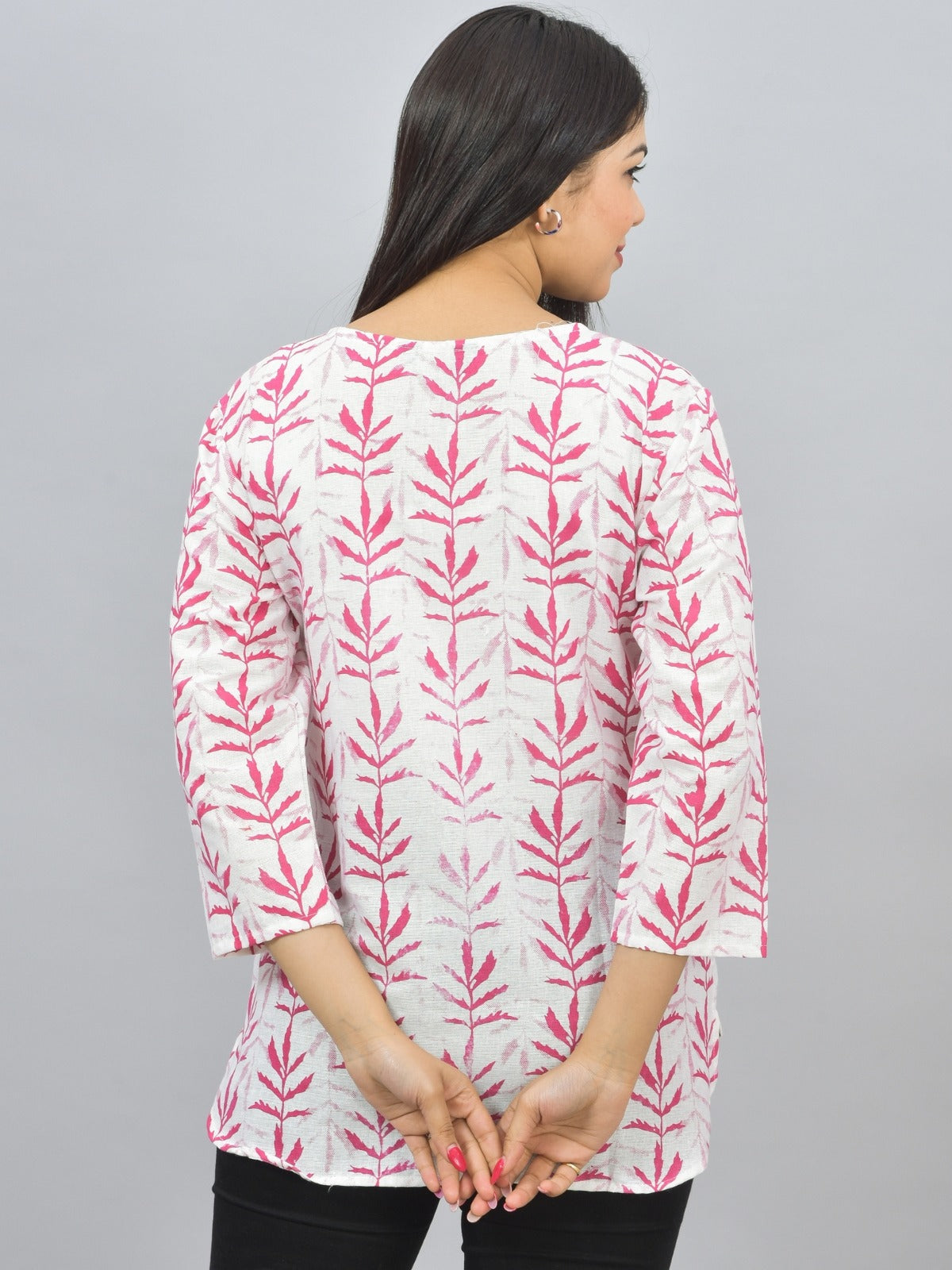Womens Regular Fit Pink Leaf Printed Short Kurti/Top