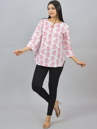 Womens Regular Fit Pink Leaf Printed Short Kurti/Top