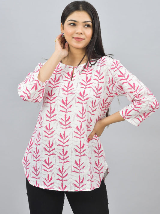Womens Regular Fit Pink Leaf Printed Short Kurti/Top