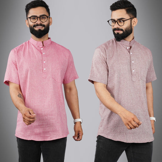 Pack Of 2 Mens Regular Fit Pink And Magenta Half Sleeve Cotton Short Kurta Combo