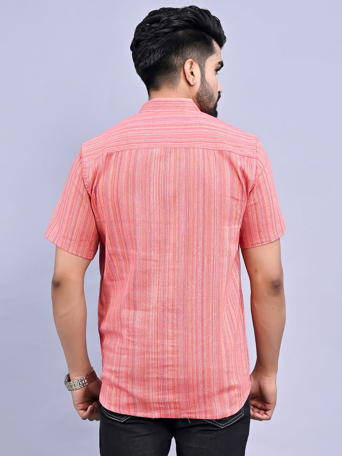 Regular Fit Pink Multi Stripes Cotton Short Kurta
