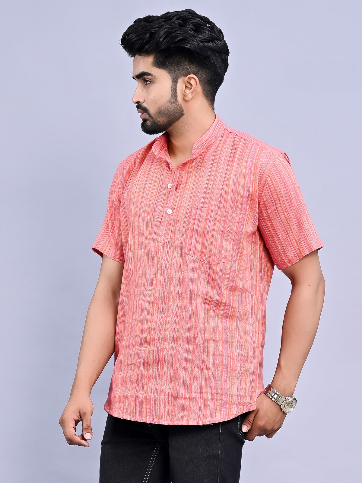 Ethnic Wear Khadi Cotton Pink Multistripe Couple Kurta Set