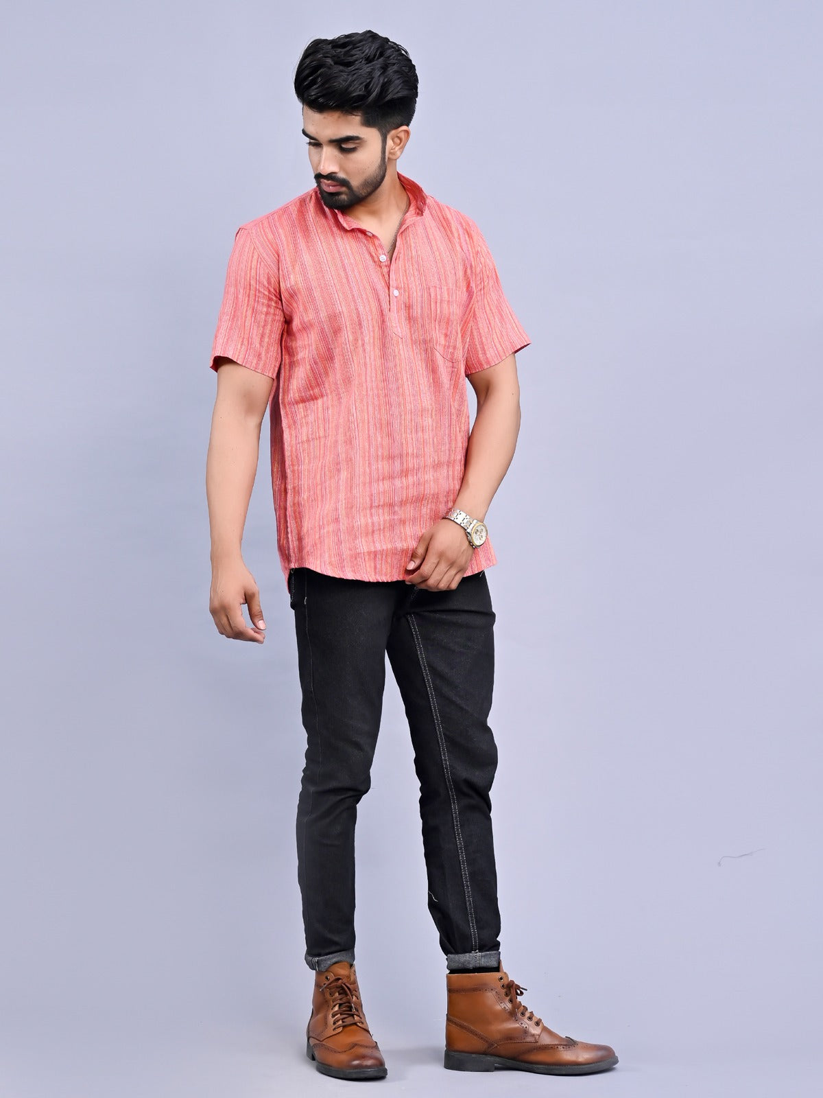 Ethnic Wear Khadi Cotton Pink Multistripe Couple Kurta Set