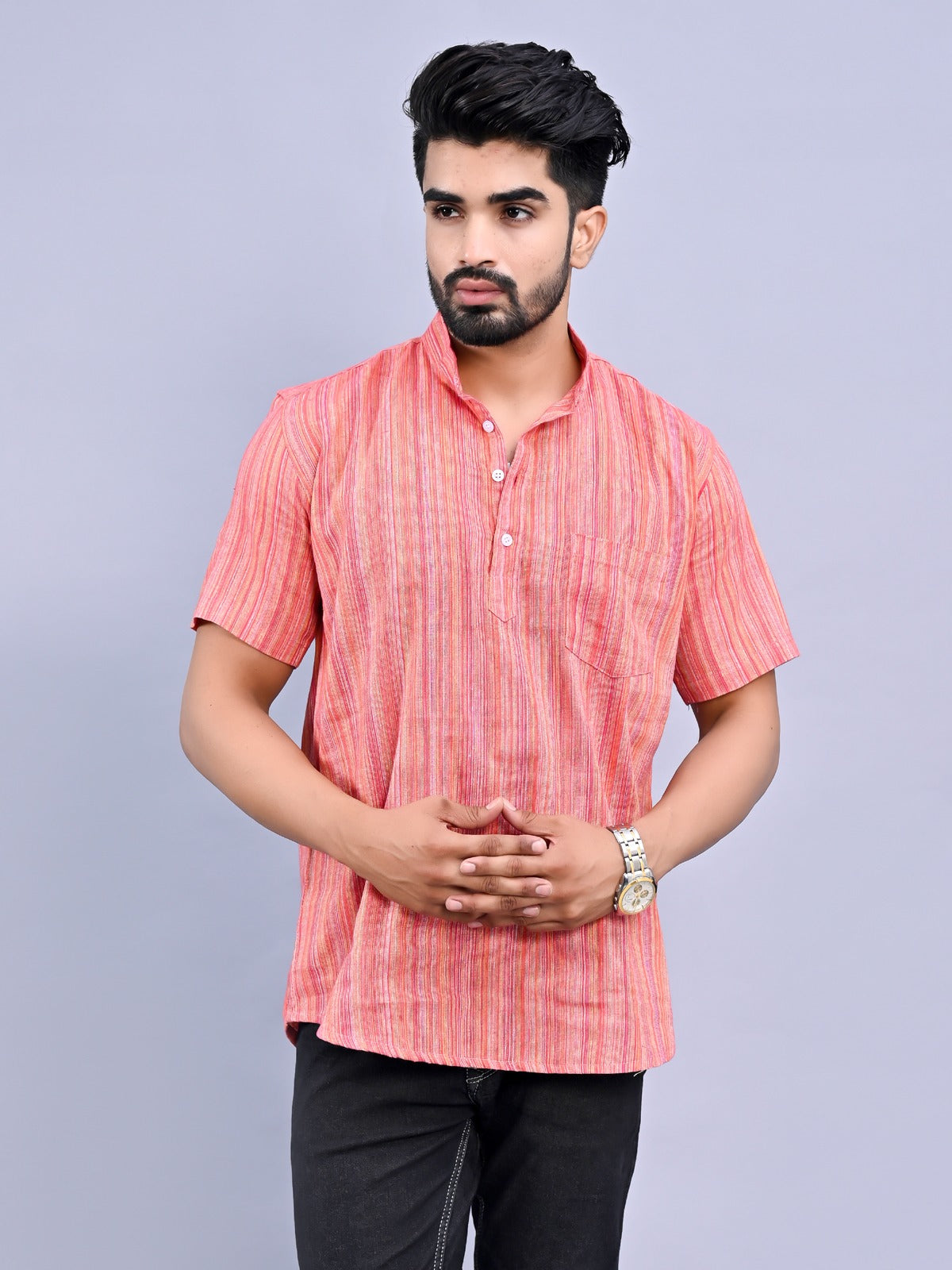 Ethnic Wear Khadi Cotton Pink Multistripe Couple Kurta Set