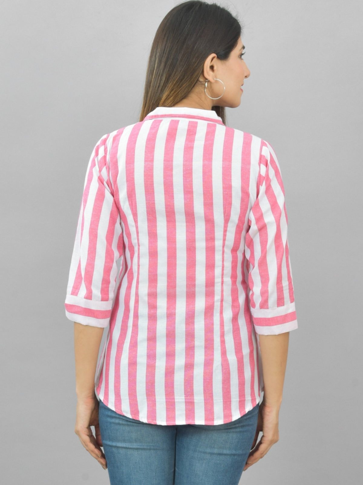Pack Of 2 Womens Parrot Green And Pink Spread Collar Striped Shirt Combo