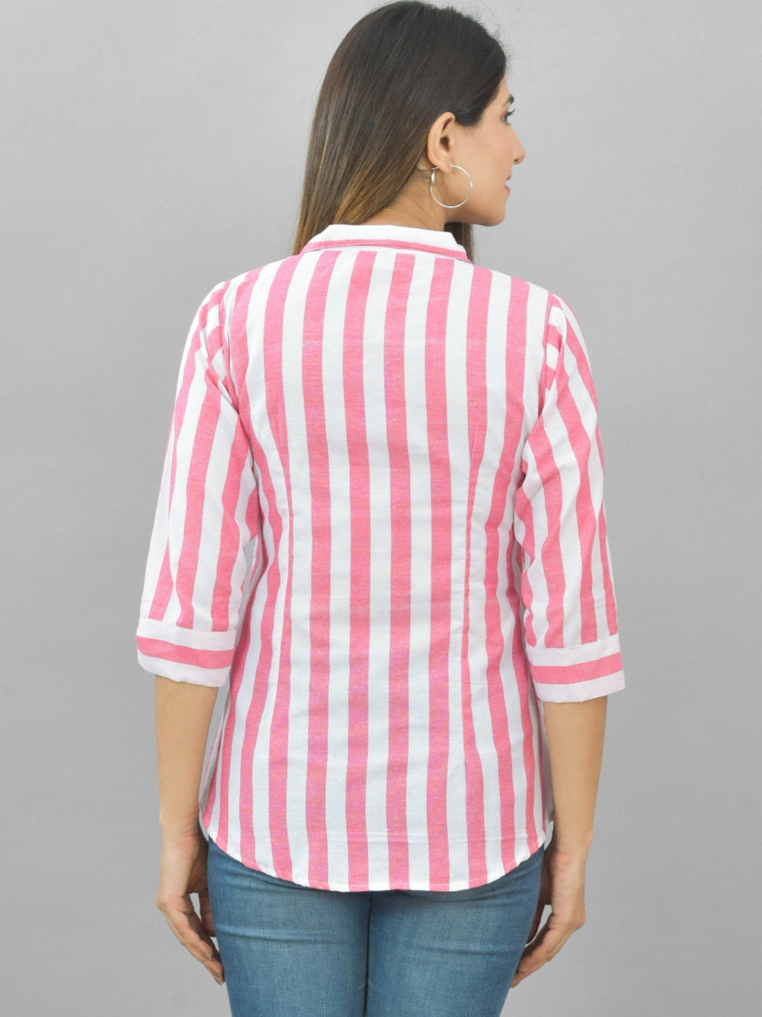 Womens Pink Regular Fit Striped Cotton Spread Collar Casual Shirt