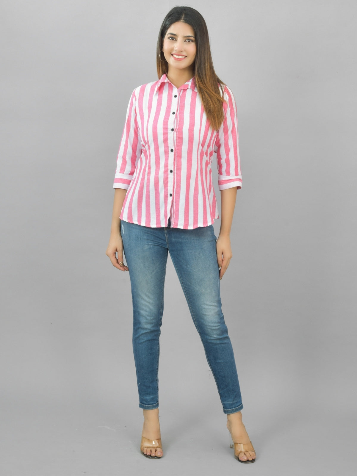 Womens Pink Regular Fit Striped Cotton Spread Collar Casual Shirt
