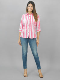 Womens Pink Regular Fit Striped Cotton Spread Collar Casual Shirt
