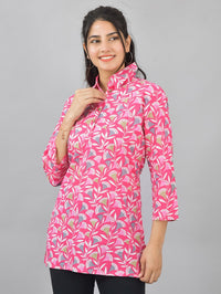 Women Pink Floral Printed Cotton Spread Collar Short Kurti