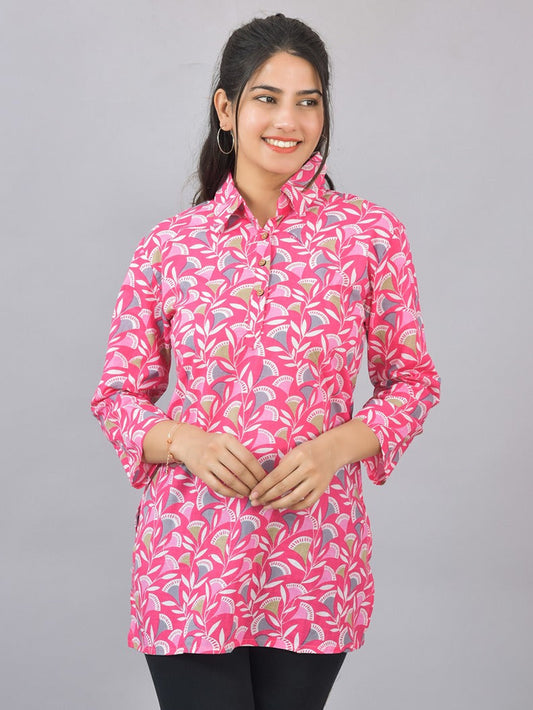 Women Pink Floral Printed Cotton Spread Collar Short Kurti